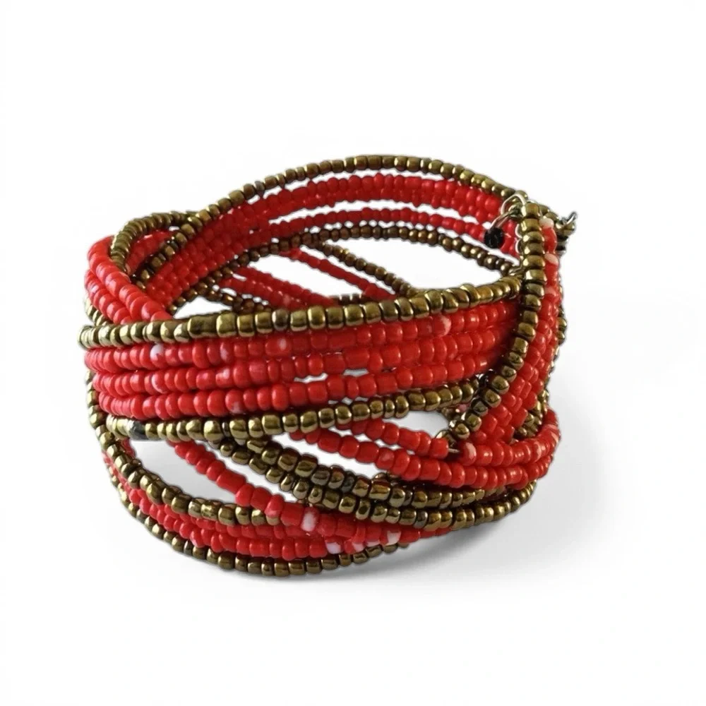 Handmade Twisted Flexible Seed Bead Braided Open Cuff Bracelet – Red & Gold